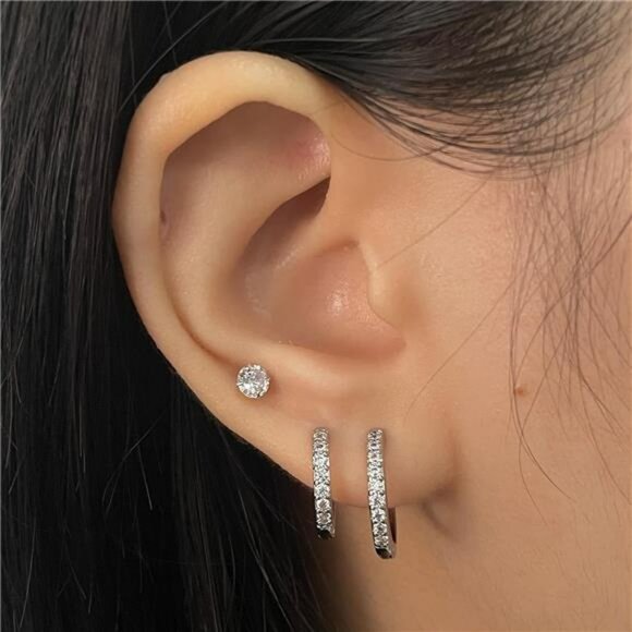 Sterling Silver Hoop Stud Earrings Set 6 Pairs CZ Hypoallergenic Cartilage - Picture 6 of 7